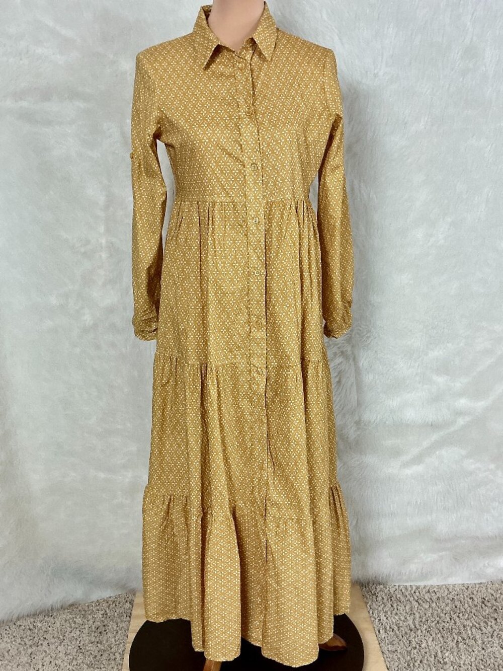 Dixie Italy Yellow Calico Tiered Long Sleeve Maxi Dress Roll Tab Sleeves S